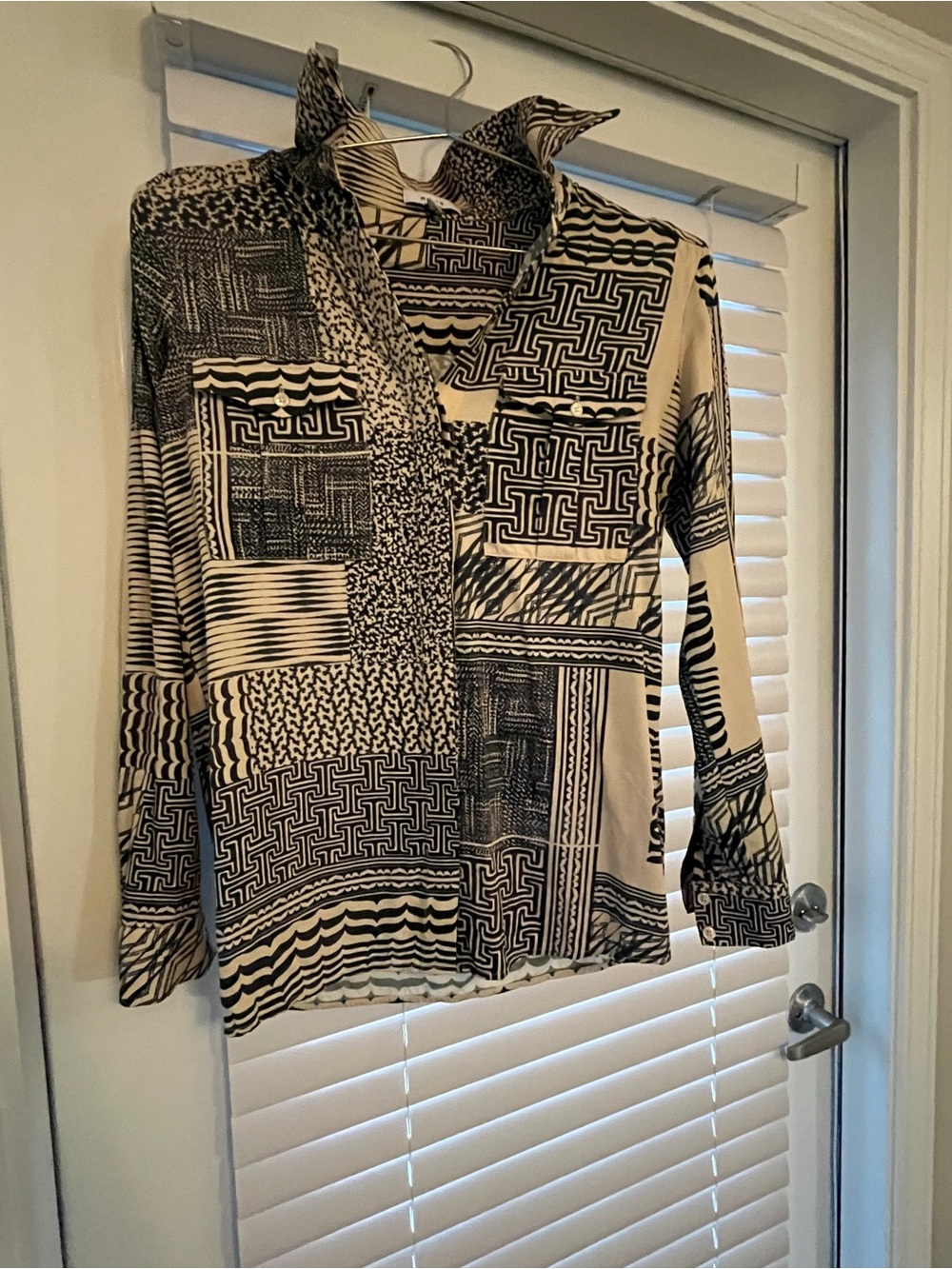 Reiss Black and Cream Geometric Patchwork Button-Down Shirt